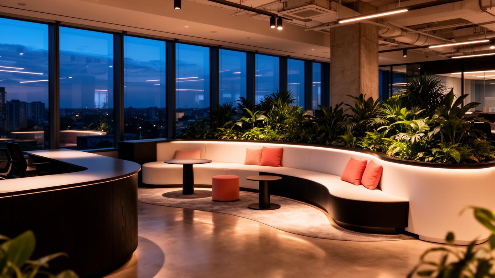 Collaborative workspace lounge at dusk