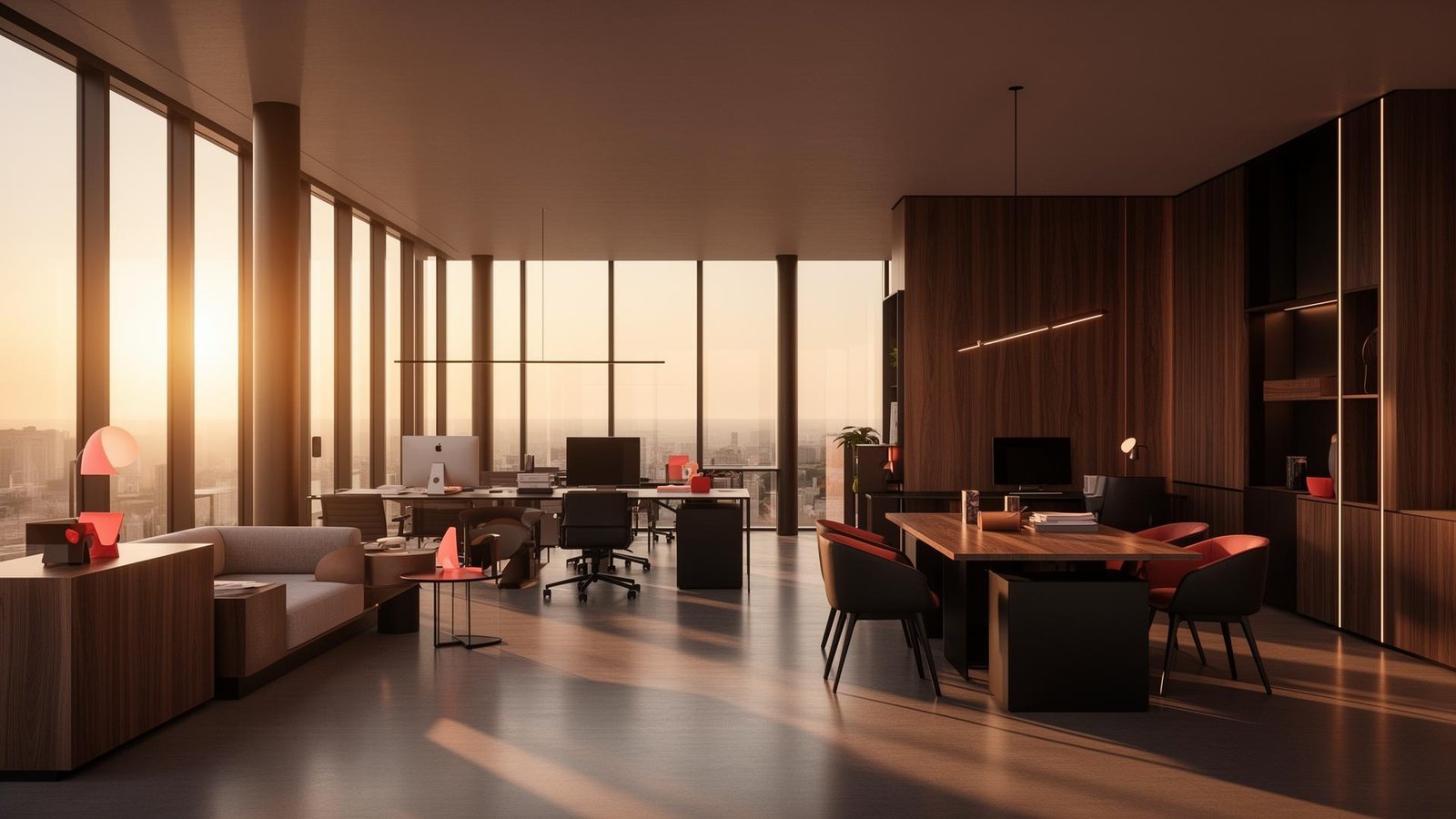 Luxury modern open-plan office at golden hour